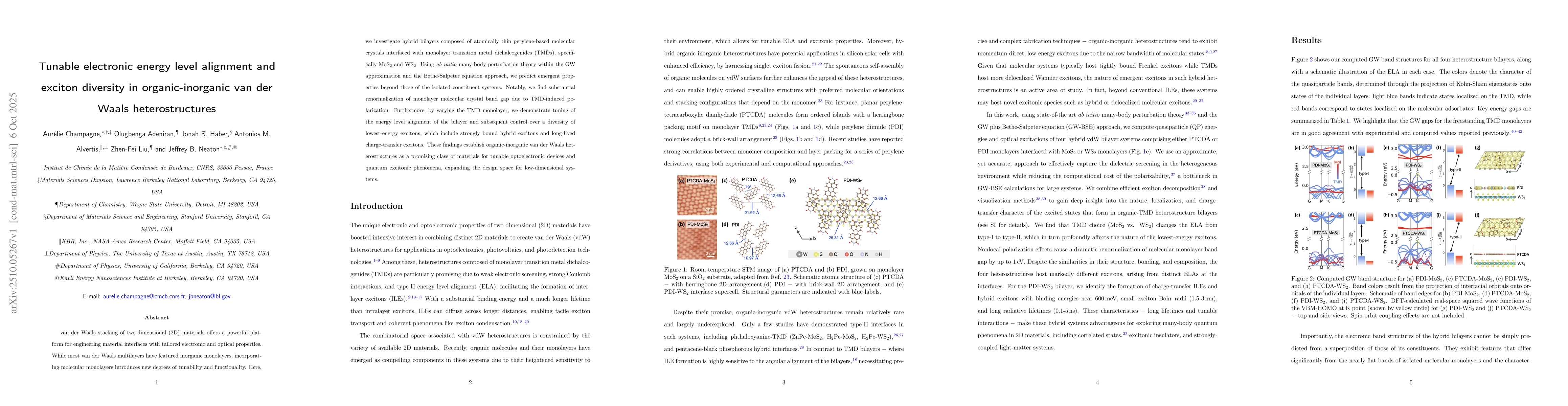 Thumbnail for Tunable electronic energy level alignment and exciton diversity in
  organic-inorganic van der Waals heterostructures