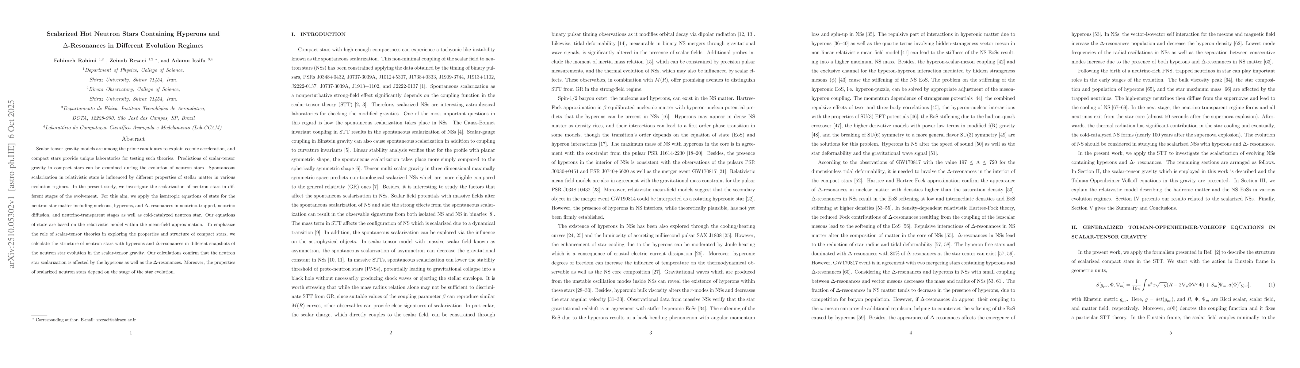 Thumbnail for Scalarized Hot Neutron Stars Containing Hyperons and $Δ$-Resonances
  in Different Evolution Regimes