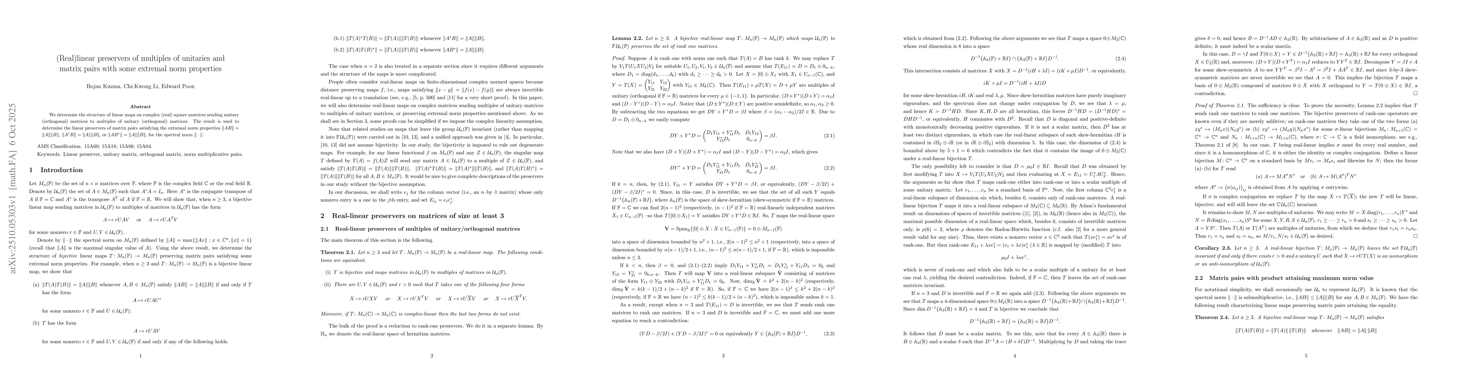 Thumbnail for (Real)linear preservers of multiples of unitaries and matrix pairs with
  some extremal norm properties