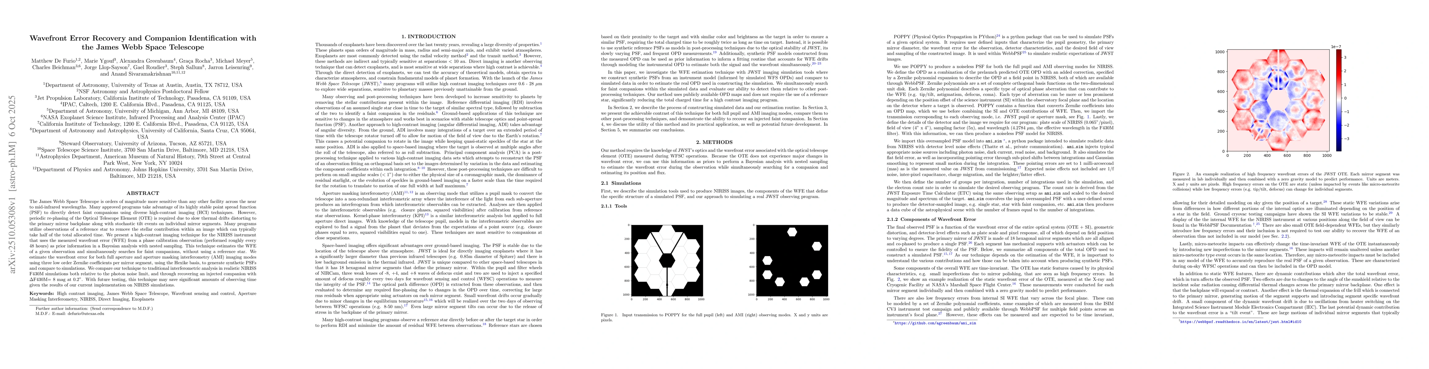 Thumbnail for Wavefront Error Recovery and Companion Identification with the James
  Webb Space Telescope