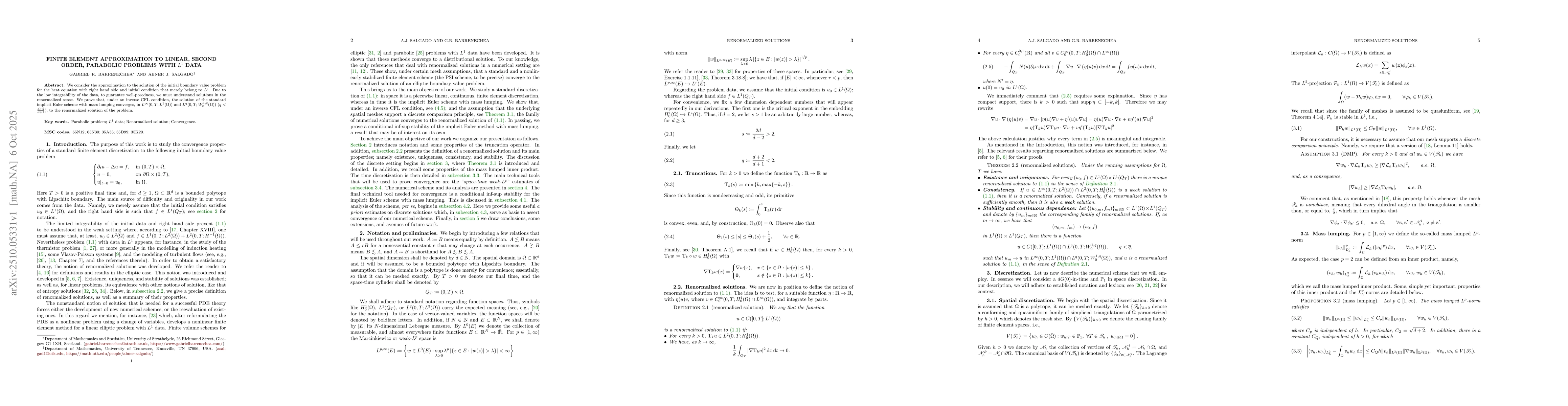 Thumbnail for Finite element approximation to linear, second order, parabolic problems
  with $L^1$ data