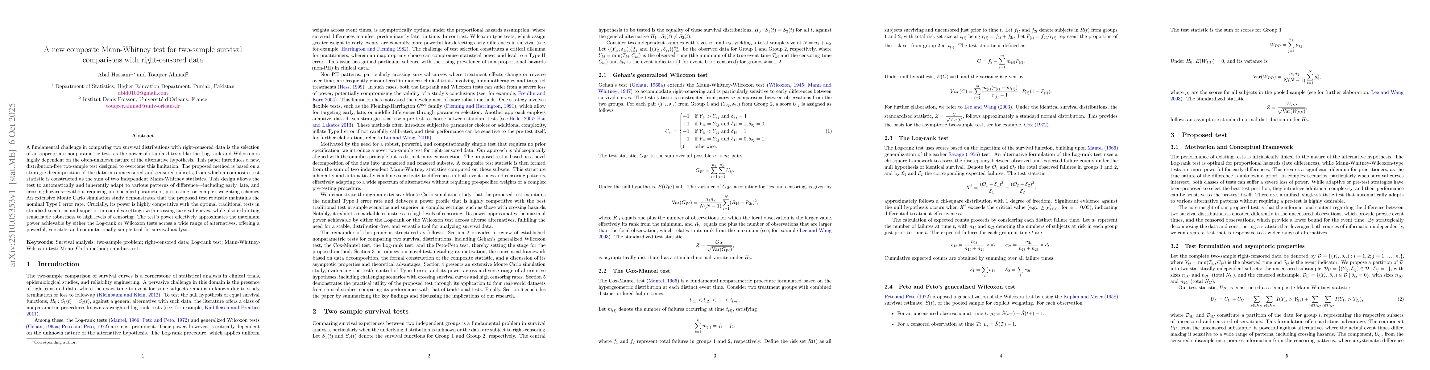 Thumbnail for A new composite Mann-Whitney test for two-sample survival comparisons
  with right-censored data