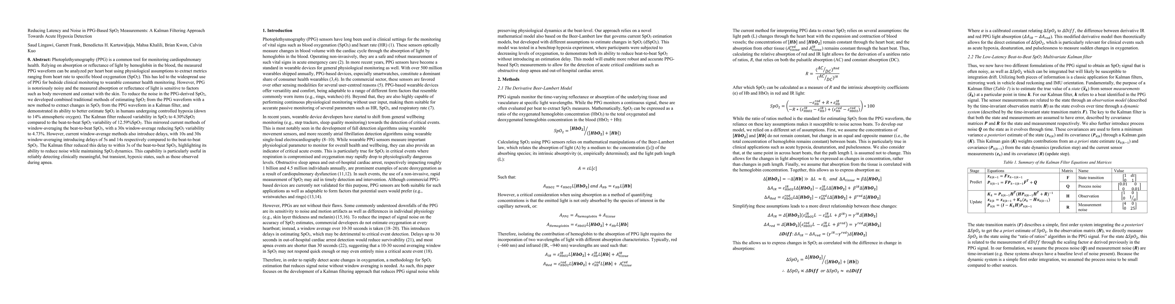 Thumbnail for Reducing Latency and Noise in PPG-Based SpO2 Measurements: A Kalman
  Filtering Approach Towards Acute Hypoxia Detection