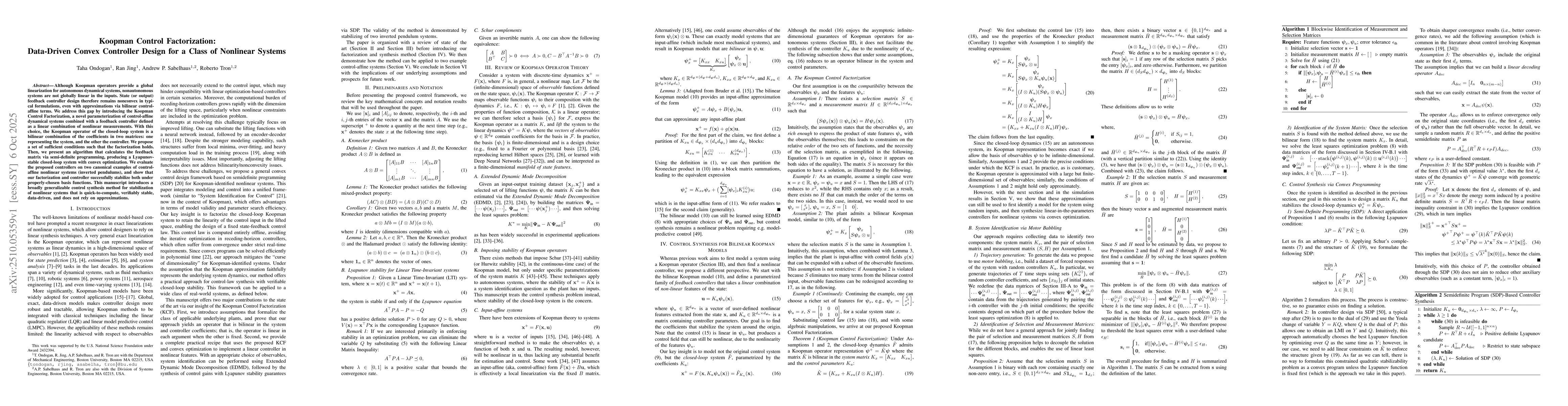 Thumbnail for Koopman Control Factorization: Data-Driven Convex Controller Design for
  a Class of Nonlinear Systems
