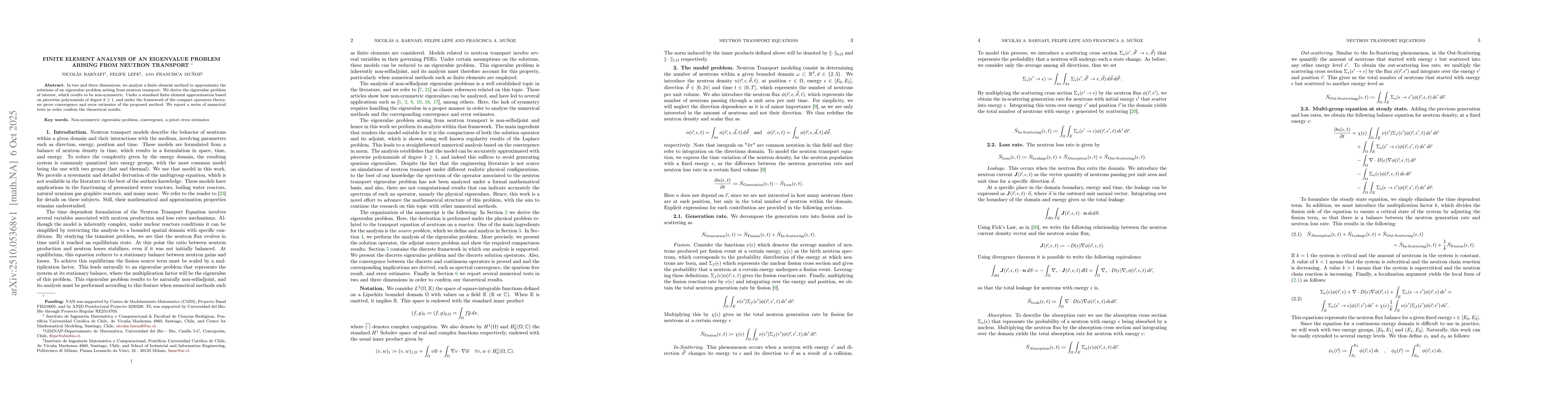 Thumbnail for Finite element analysis of an eigenvalue problem arising from neutron
  transport