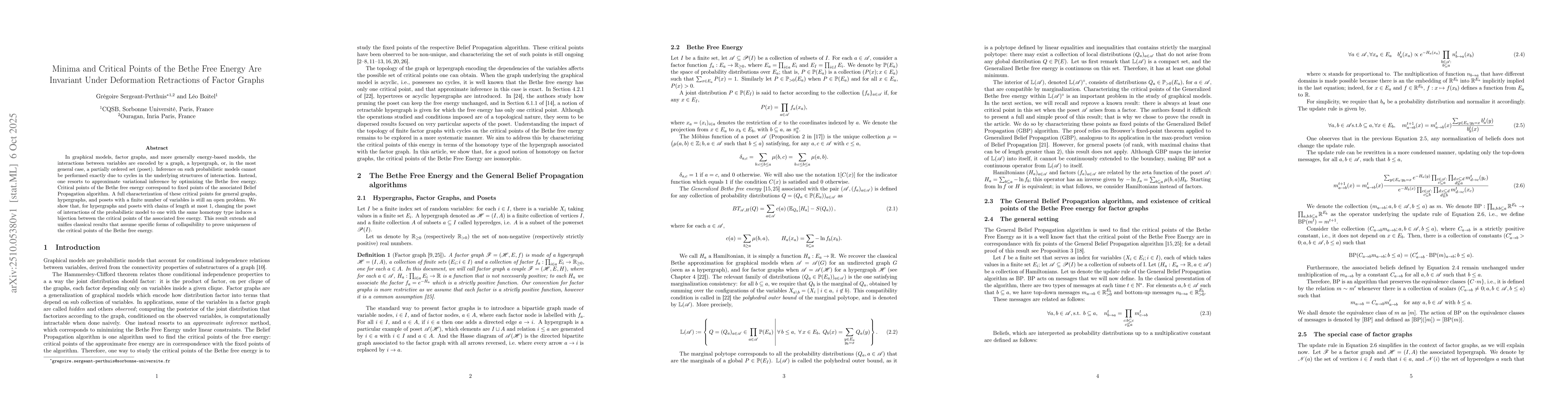 Thumbnail for Minima and Critical Points of the Bethe Free Energy Are Invariant Under
  Deformation Retractions of Factor Graphs
