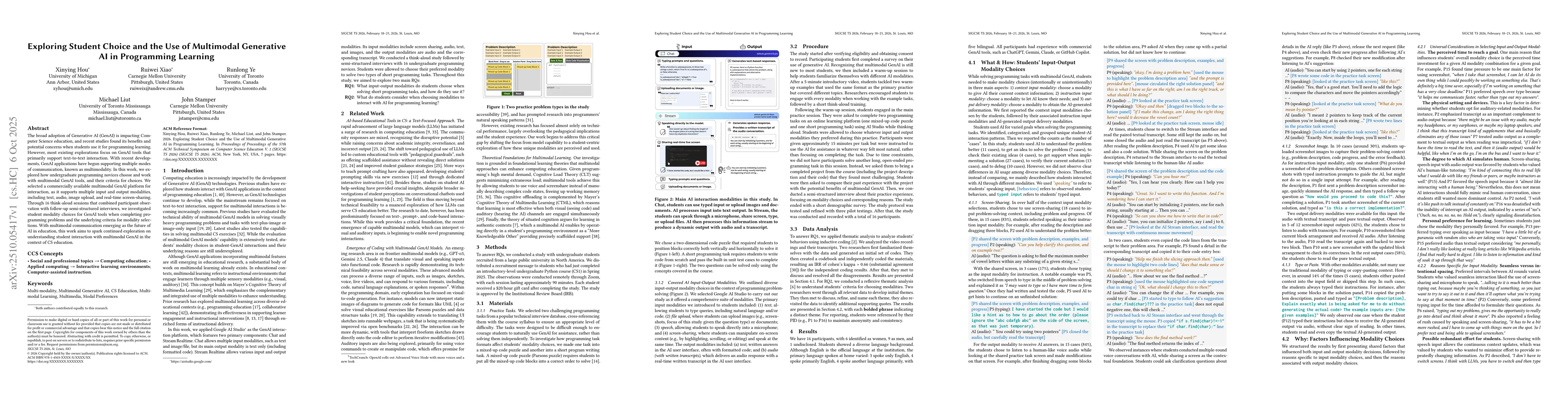 Thumbnail for Exploring Student Choice and the Use of Multimodal Generative AI in
  Programming Learning