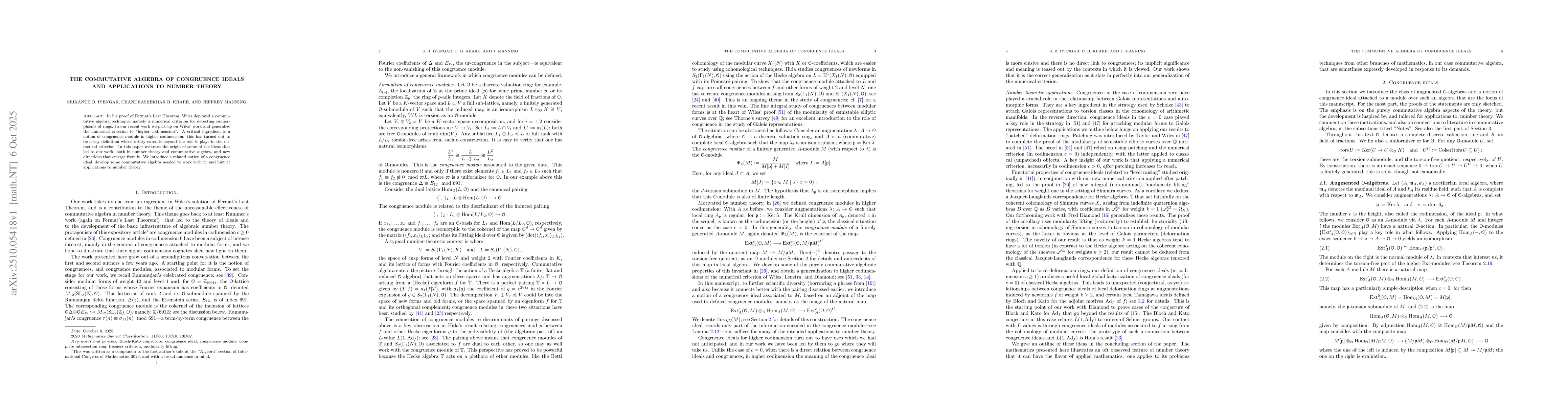 Thumbnail for The commutative algebra of congruence ideals and applications to number
  theory