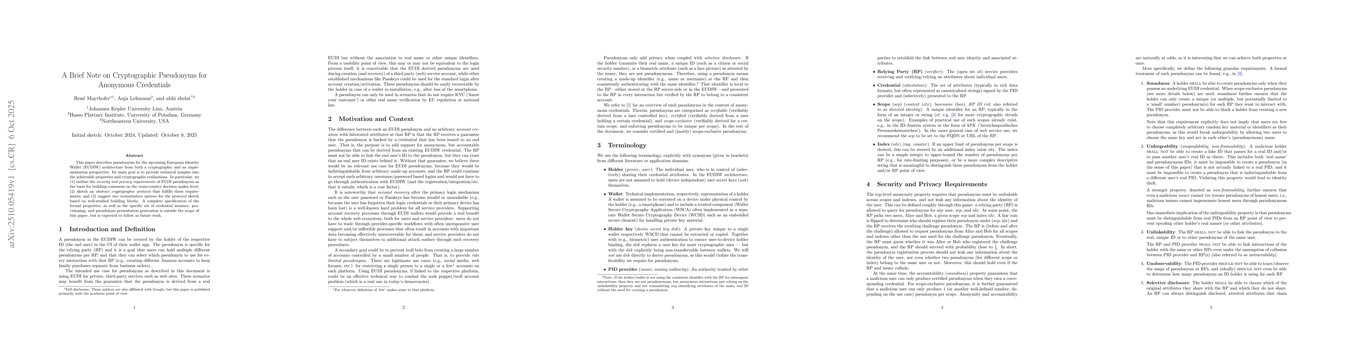 Thumbnail for A Brief Note on Cryptographic Pseudonyms for Anonymous Credentials