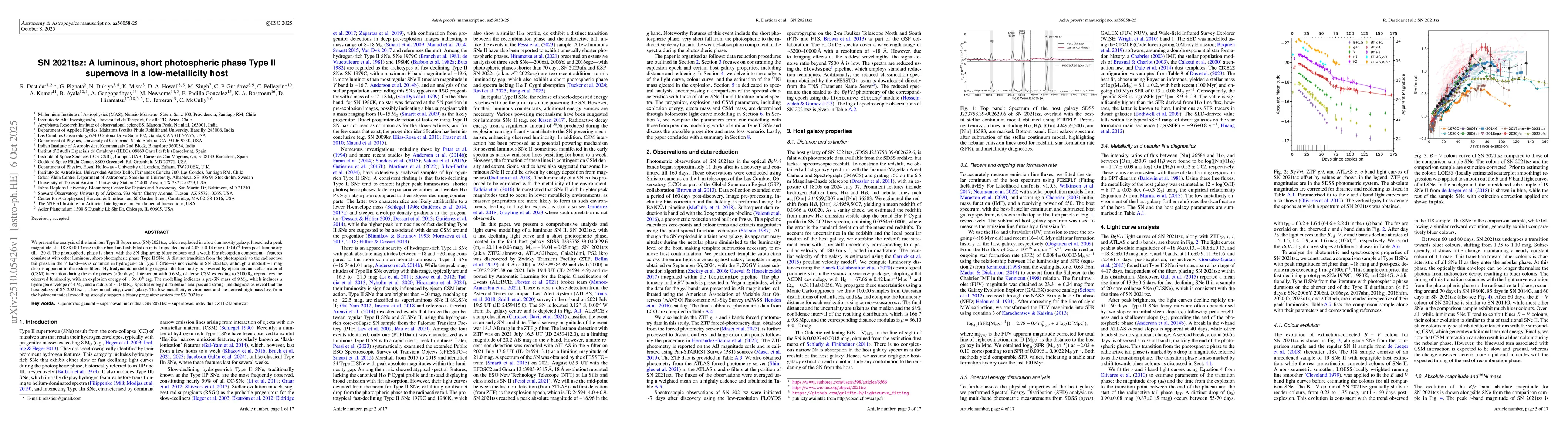 Thumbnail for SN 2021tsz: A luminous, short photospheric phase Type II supernova in a
  low-metallicity host
