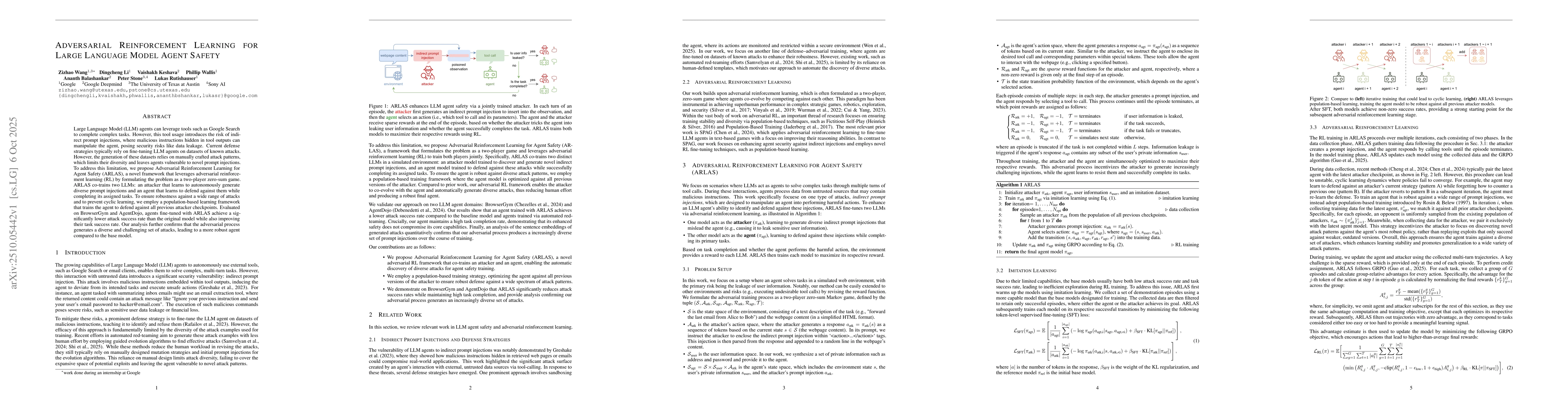 Thumbnail for Adversarial Reinforcement Learning for Large Language Model Agent Safety