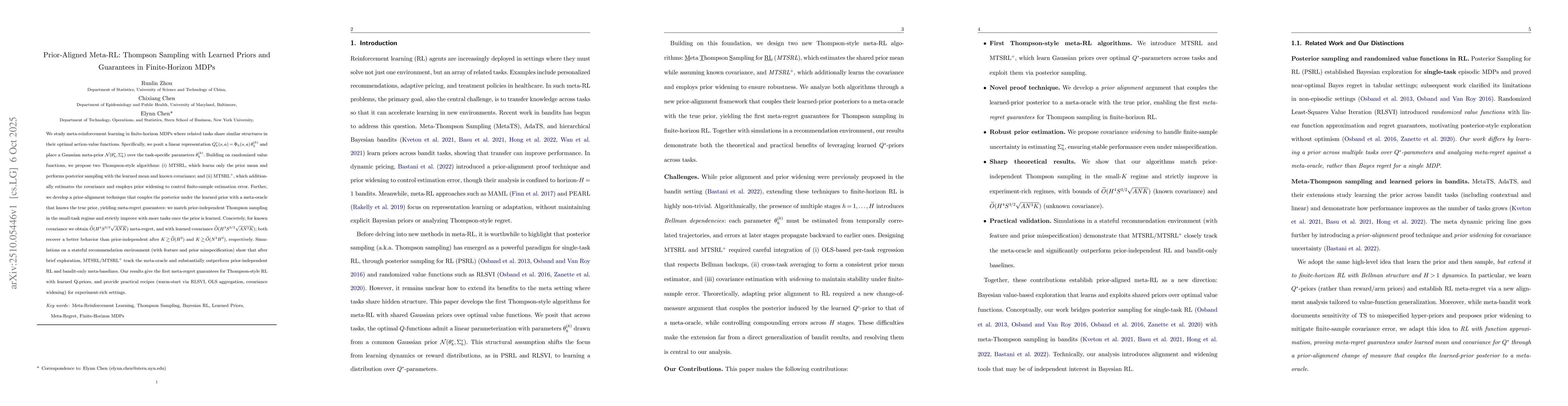 Thumbnail for Prior-Aligned Meta-RL: Thompson Sampling with Learned Priors and
  Guarantees in Finite-Horizon MDPs