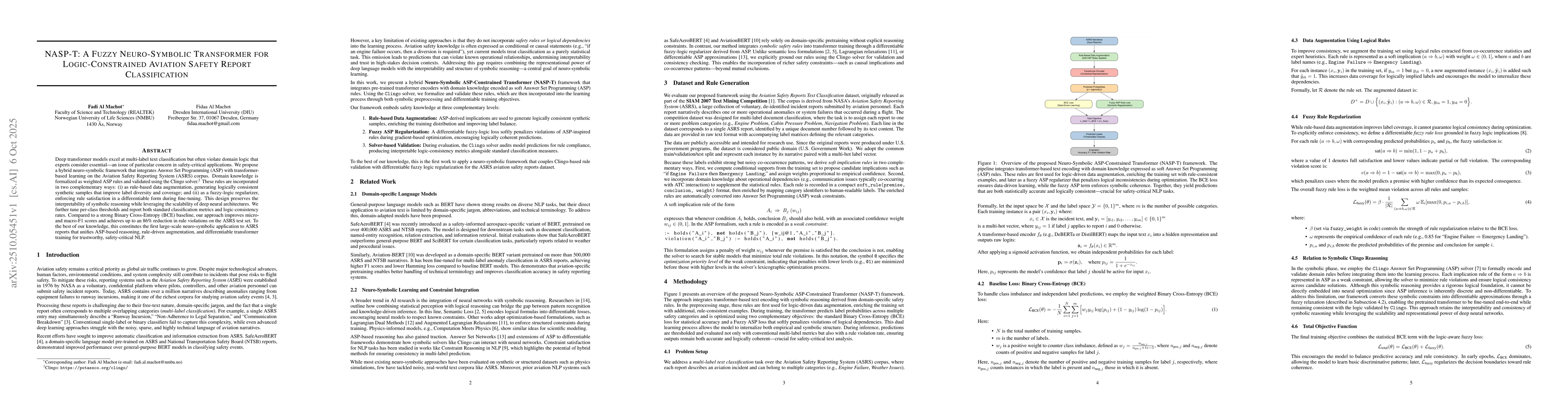Thumbnail for NASP-T: A Fuzzy Neuro-Symbolic Transformer for Logic-Constrained
  Aviation Safety Report Classification