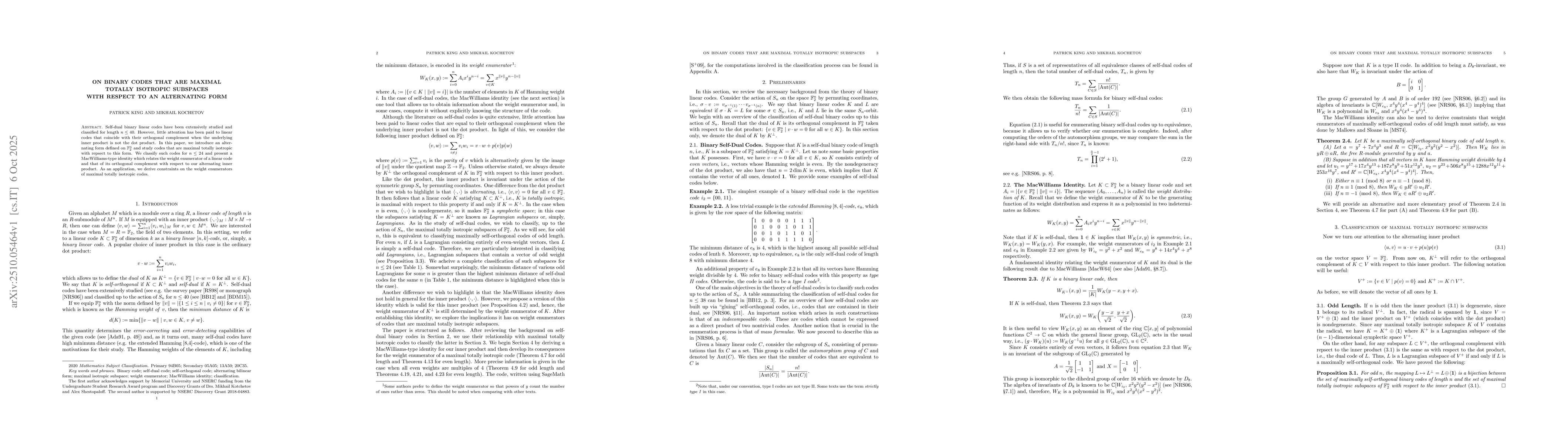 Thumbnail for On Binary Codes That Are Maximal Totally Isotropic Subspaces with
  Respect to an Alternating Form