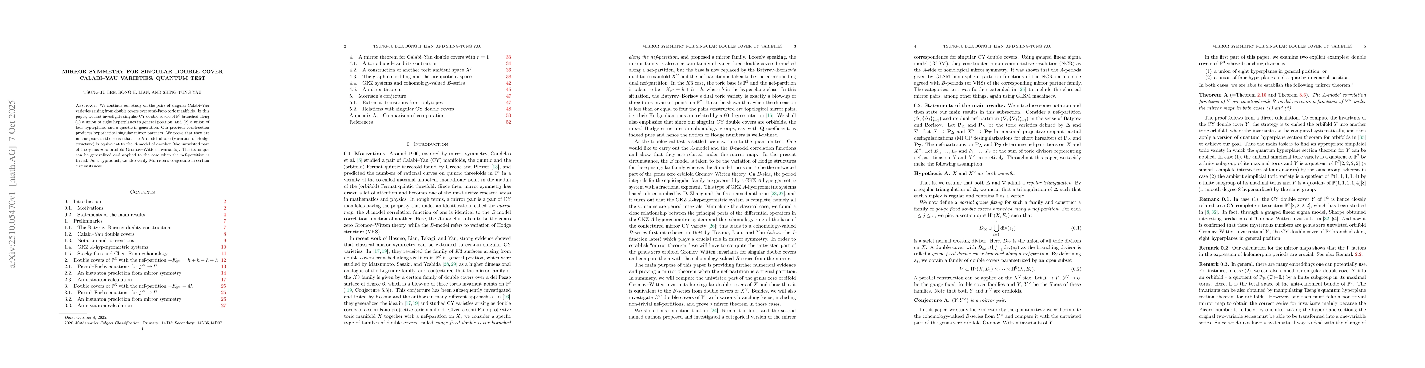 Thumbnail for Mirror symmetry for singular double cover Calabi--Yau varieties: quantum
  test