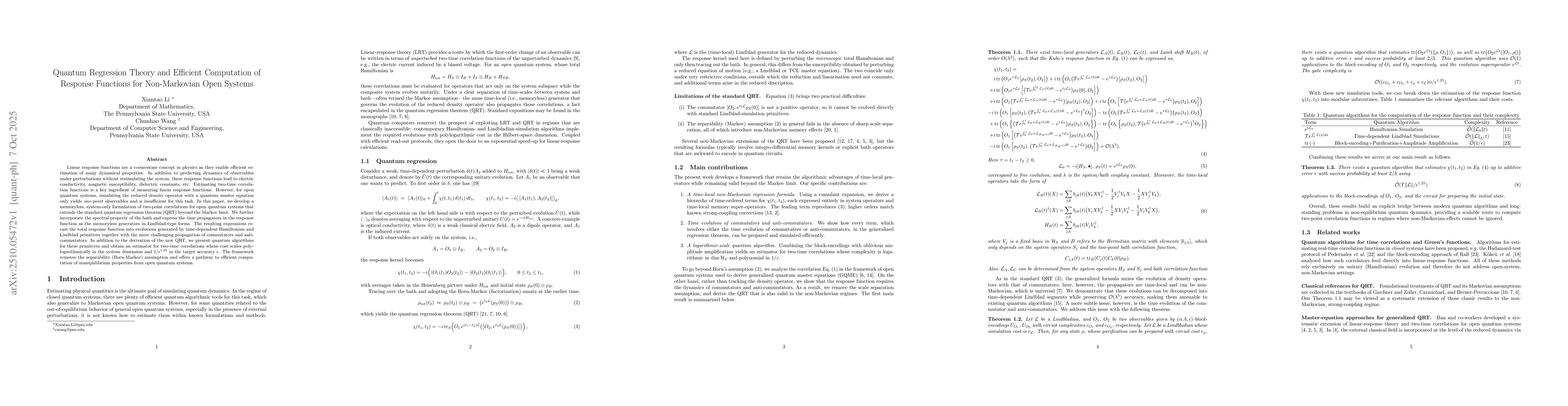 Thumbnail for Quantum Regression Theory and Efficient Computation of Response
  Functions for Non-Markovian Open Systems