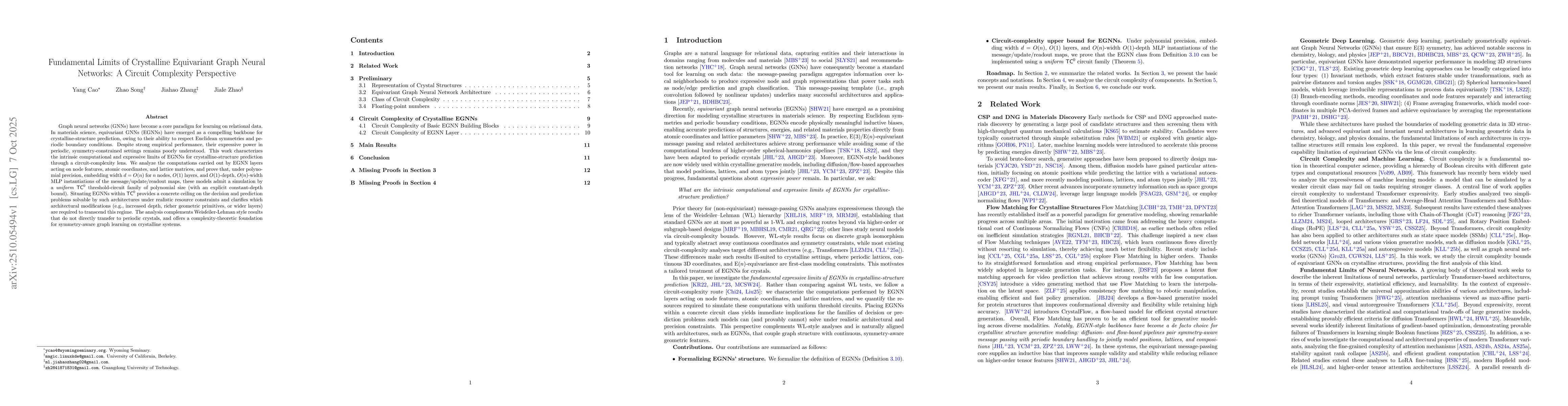 Thumbnail for Fundamental Limits of Crystalline Equivariant Graph Neural Networks: A
  Circuit Complexity Perspective