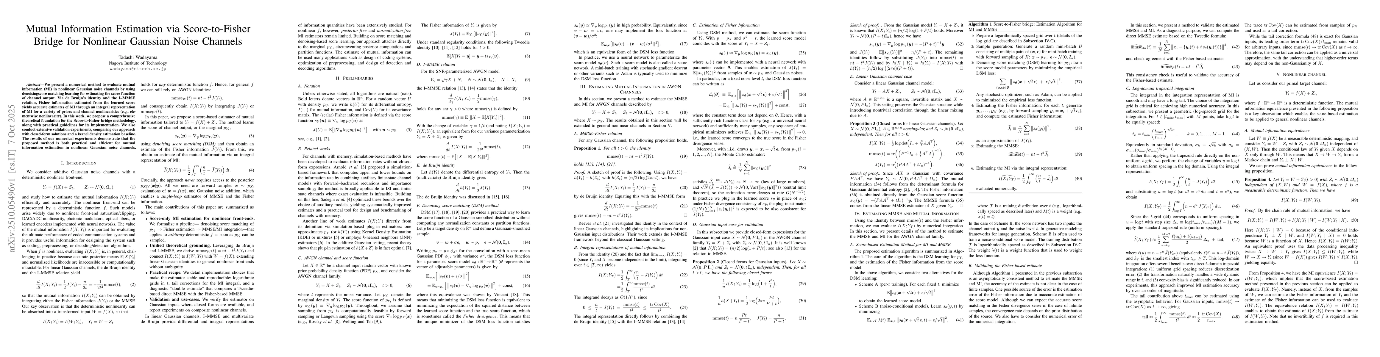 Thumbnail for Mutual Information Estimation via Score-to-Fisher Bridge for Nonlinear
  Gaussian Noise Channels
