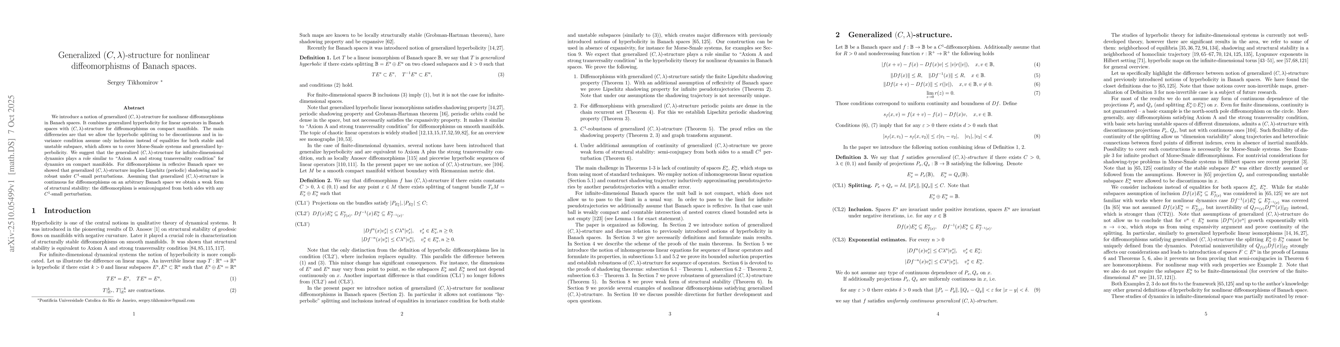 Thumbnail for Generalized $(C, λ)$-structure for nonlinear diffeomorphisms of
  Banach spaces