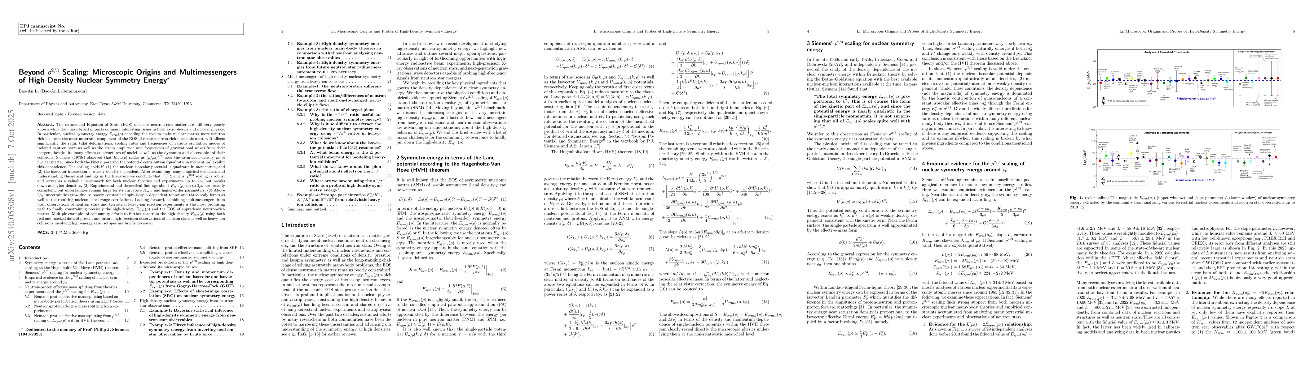 Thumbnail for Beyond $ρ^{2/3}$ Scaling: Microscopic Origins and Multimessengers of
  High-Density Nuclear Symmetry Energy