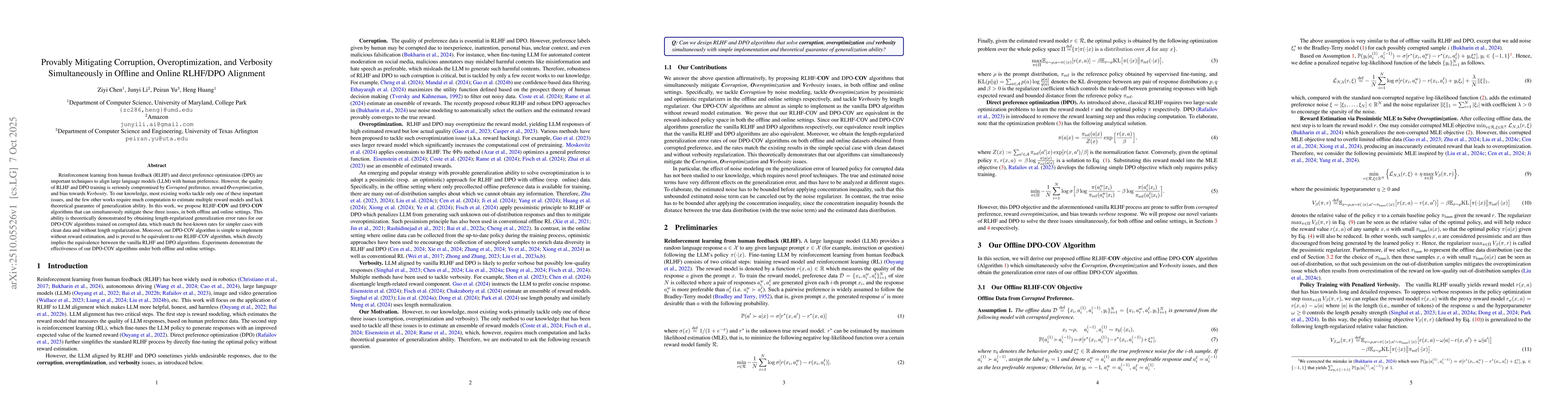 Thumbnail for Provably Mitigating Corruption, Overoptimization, and Verbosity
  Simultaneously in Offline and Online RLHF/DPO Alignment