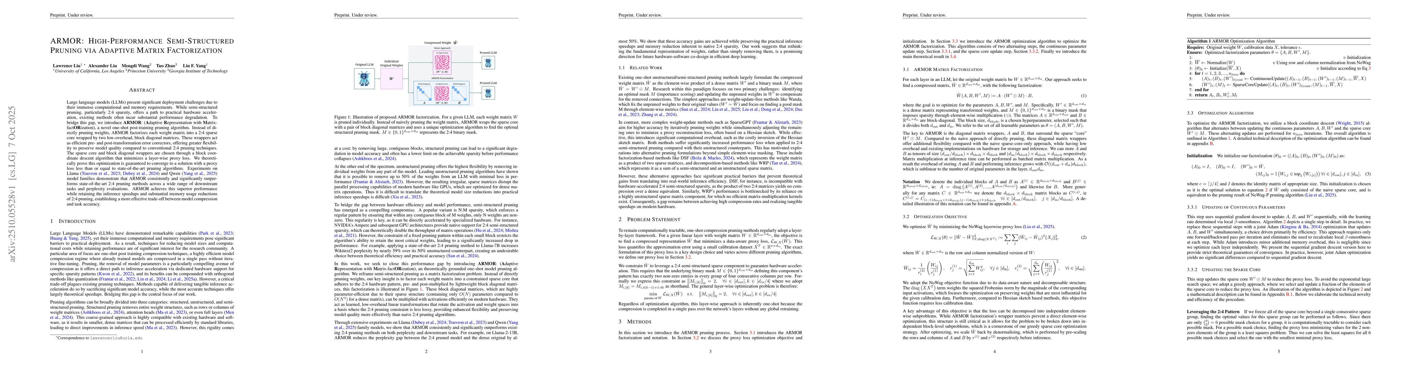 Thumbnail for ARMOR: High-Performance Semi-Structured Pruning via Adaptive Matrix
  Factorization
