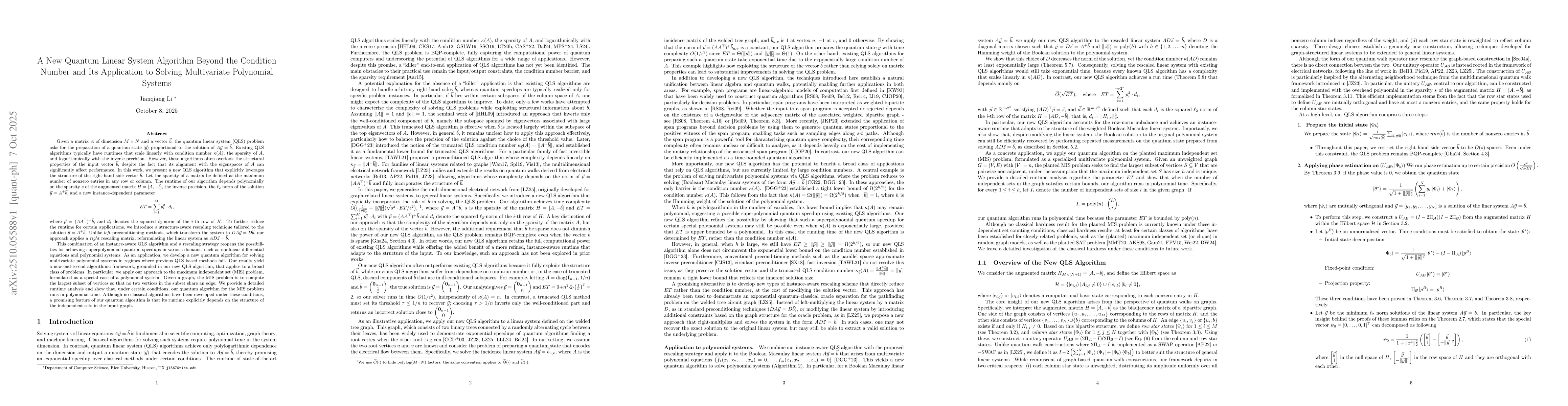Thumbnail for A New Quantum Linear System Algorithm Beyond the Condition Number and
  Its Application to Solving Multivariate Polynomial Systems