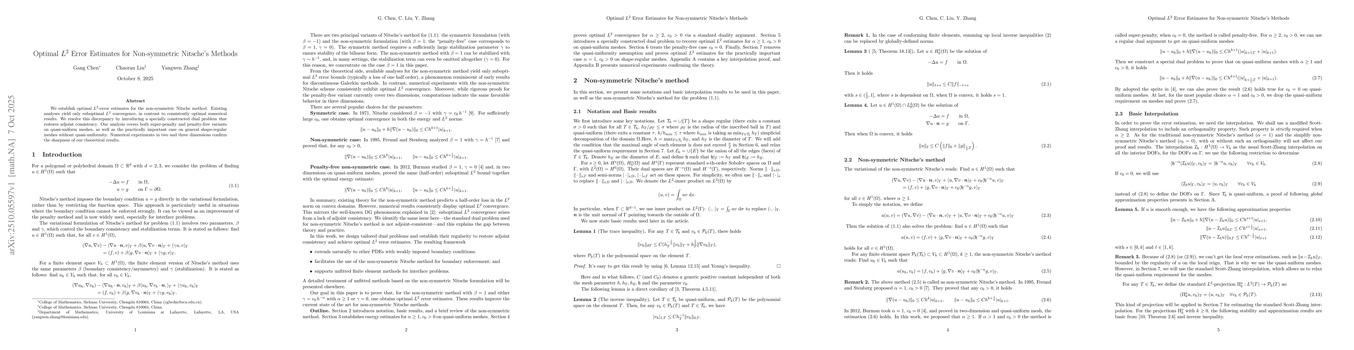 Thumbnail for Optimal $L^2$ Error Estimates for Non-symmetric Nitsche's Methods