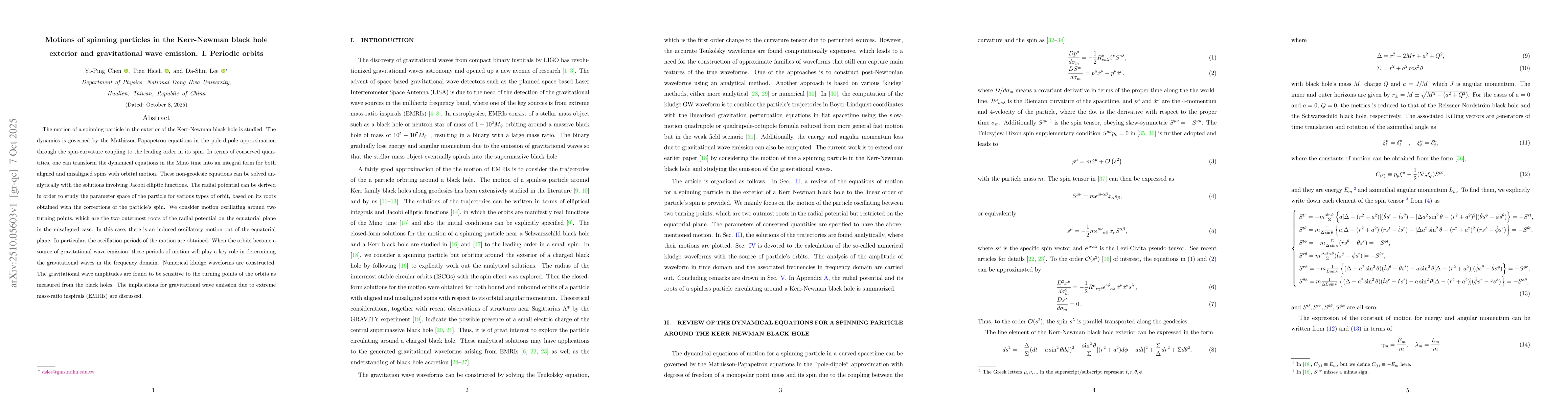 Thumbnail for Motions of spinning particles in the Kerr-Newman black hole exterior and
  gravitational wave emission. I. Periodic orbits