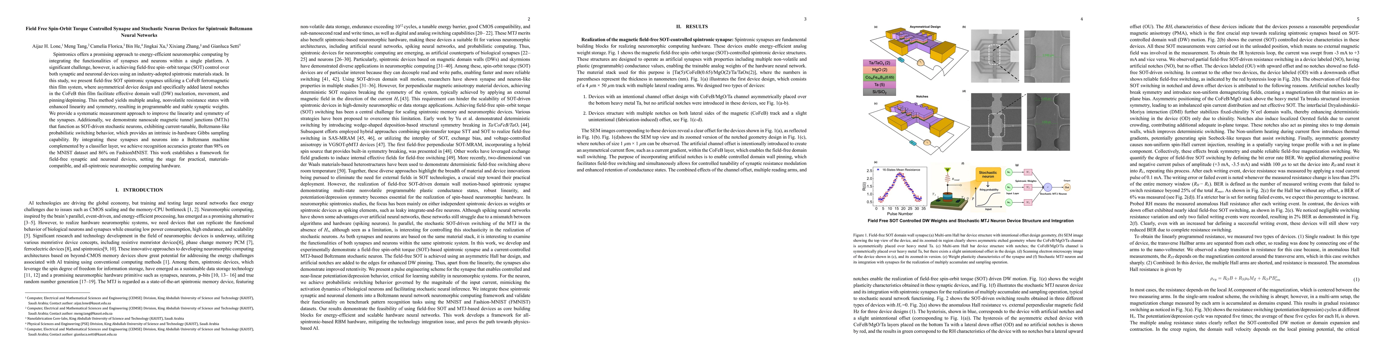Thumbnail for Field Free Spin-Orbit Torque Controlled Synapse and Stochastic Neuron
  Devices for Spintronic Boltzmann Neural Networks