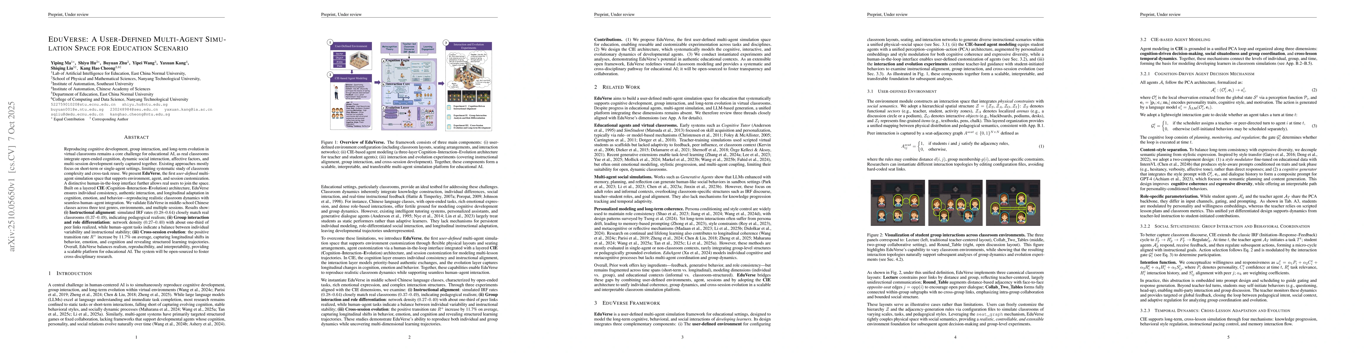 Thumbnail for EduVerse: A User-Defined Multi-Agent Simulation Space for Education
  Scenario