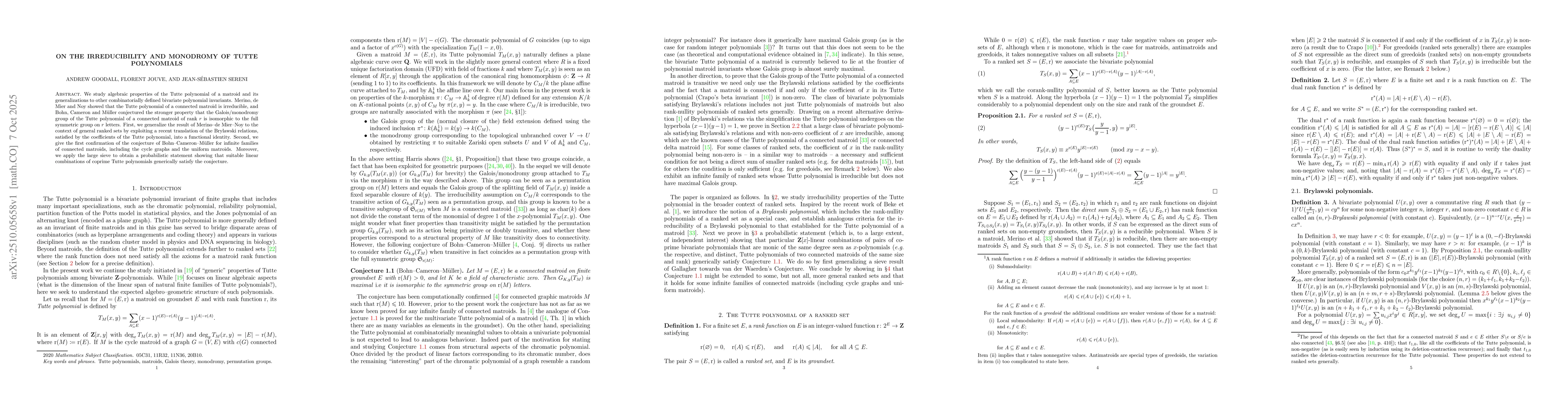 Thumbnail for On the irreducibility and monodromy of Tutte polynomials