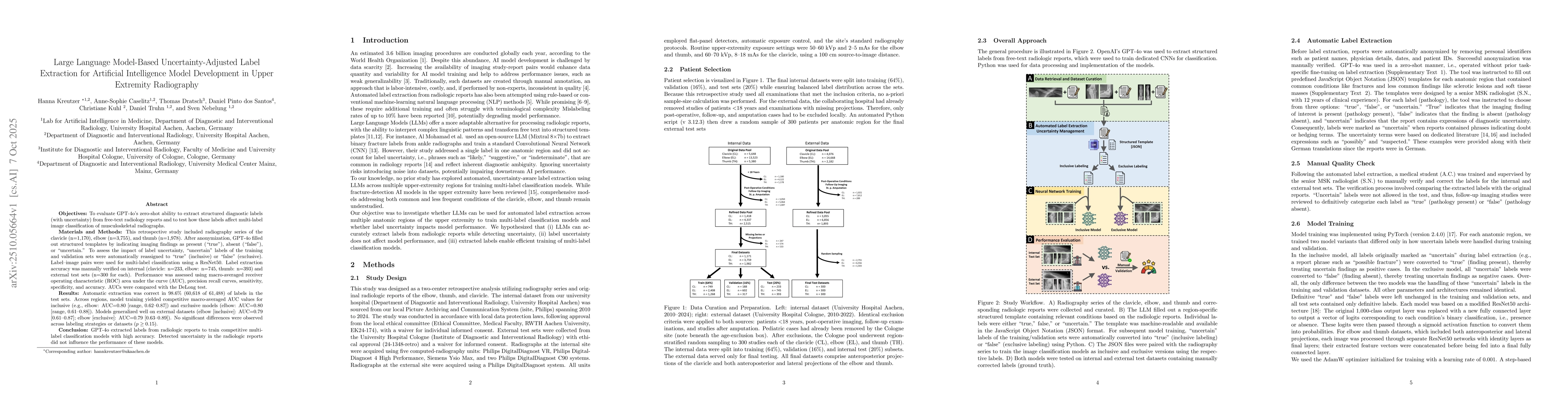 Thumbnail for Large Language Model-Based Uncertainty-Adjusted Label Extraction for
  Artificial Intelligence Model Development in Upper Extremity Radiography
