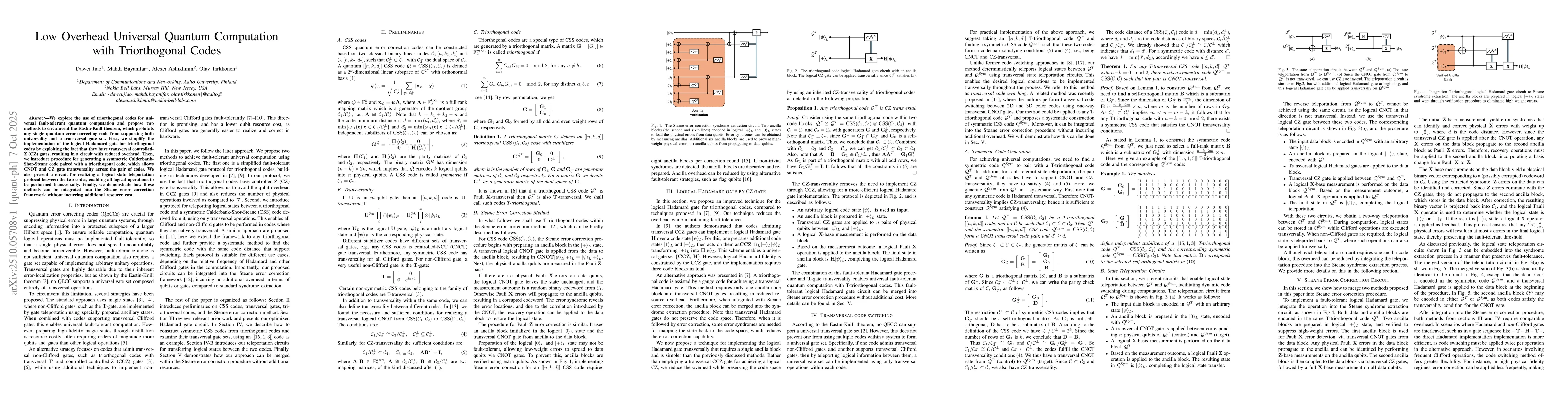 Thumbnail for Low Overhead Universal Quantum Computation with Triorthogonal Codes