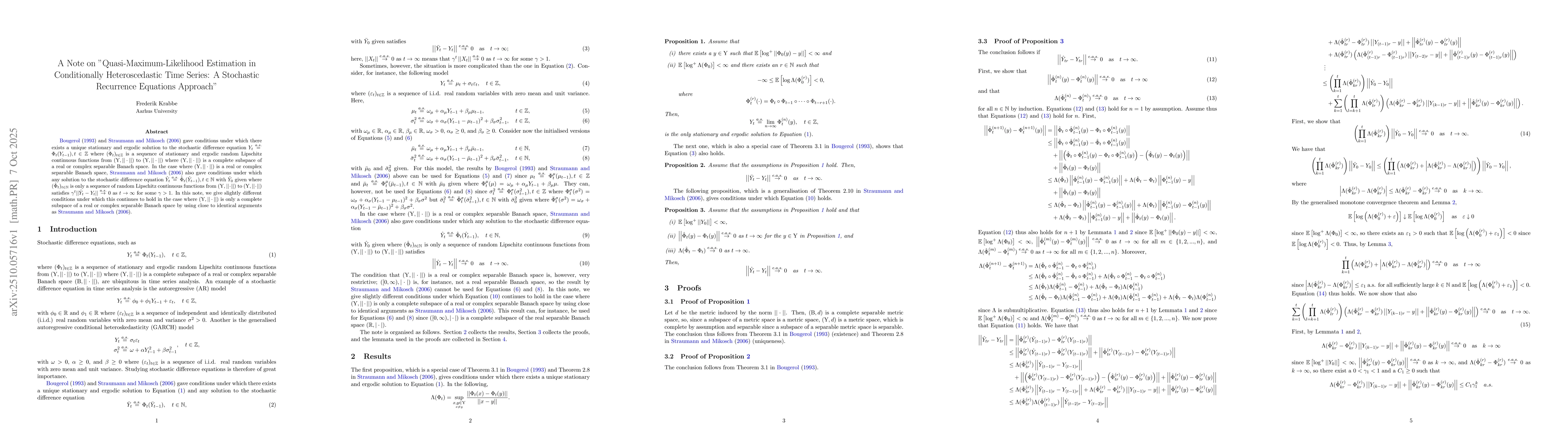 Thumbnail for A Note on "Quasi-Maximum-Likelihood Estimation in Conditionally
  Heteroscedastic Time Series: A Stochastic Recurrence Equations Approach"