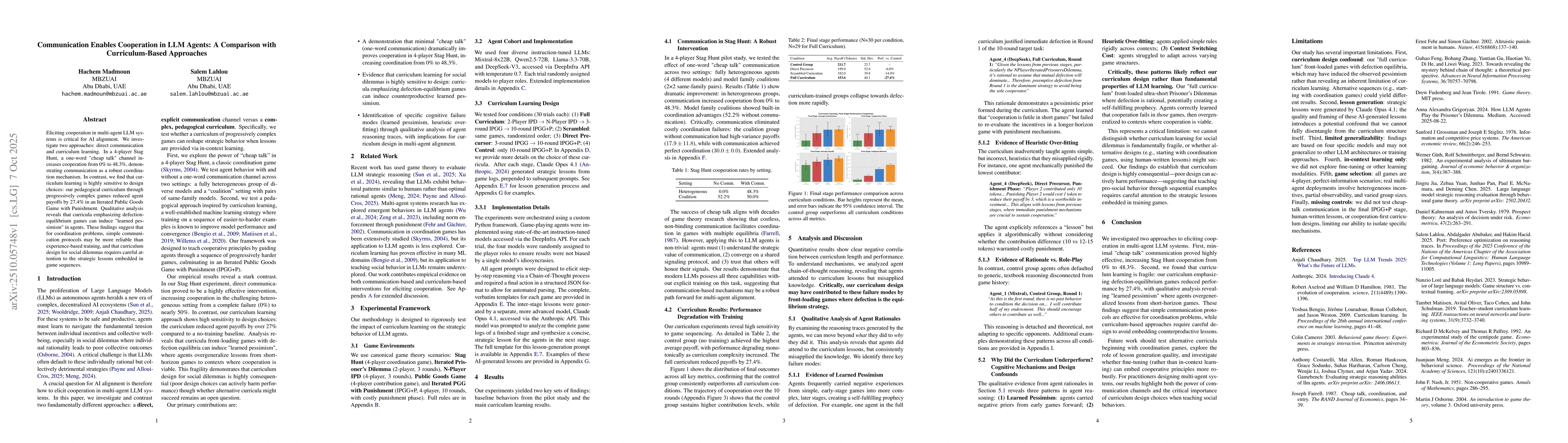 Thumbnail for Communication Enables Cooperation in LLM Agents: A Comparison with
  Curriculum-Based Approaches