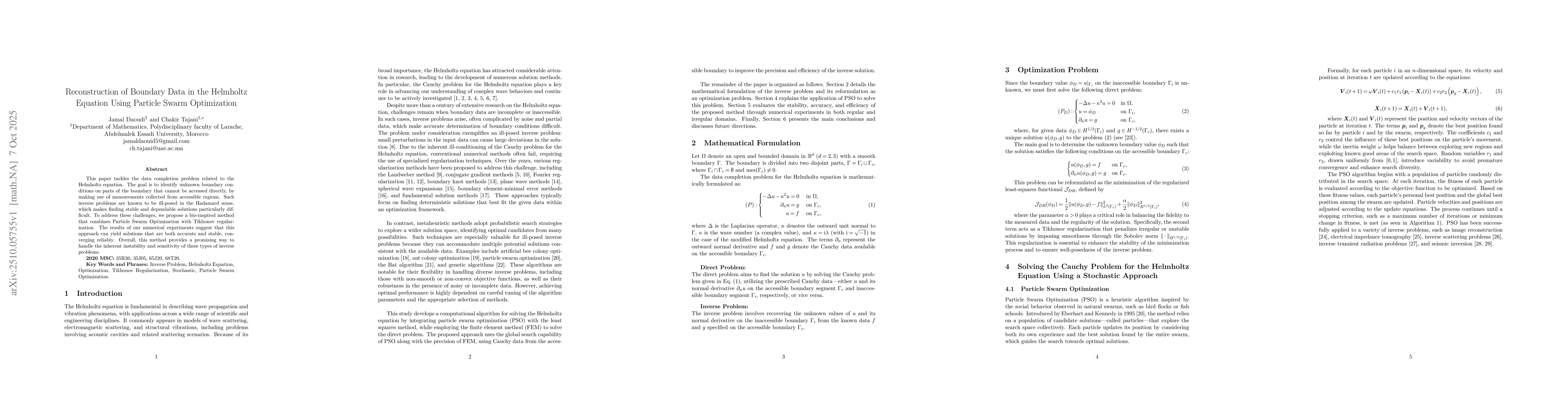 Thumbnail for Reconstruction of Boundary Data in the Helmholtz Equation Using Particle
  Swarm Optimization