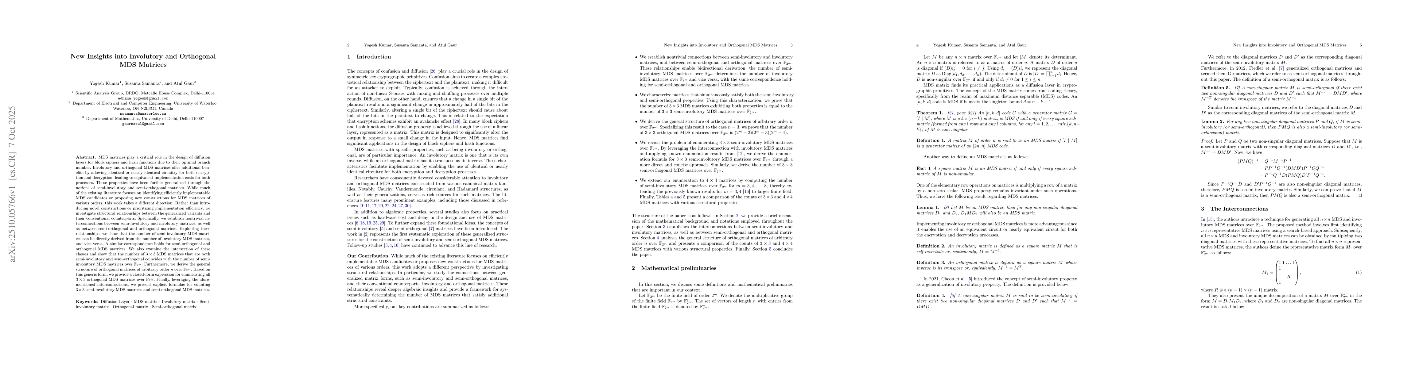 Thumbnail for New Insights into Involutory and Orthogonal MDS Matrices
