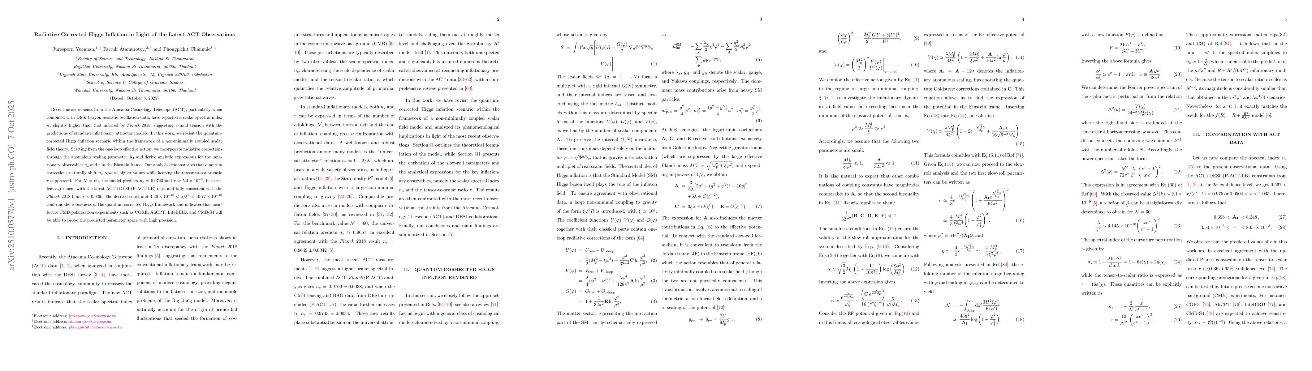 Thumbnail for Radiative-Corrected Higgs Inflation in Light of the Latest ACT
  Observations