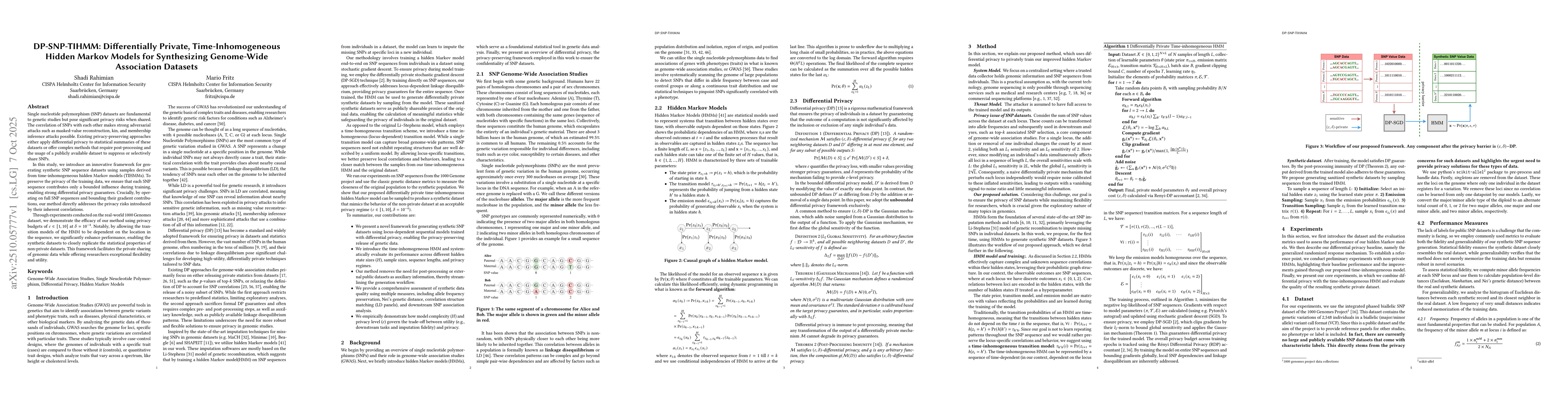 Thumbnail for DP-SNP-TIHMM: Differentially Private, Time-Inhomogeneous Hidden Markov
  Models for Synthesizing Genome-Wide Association Datasets