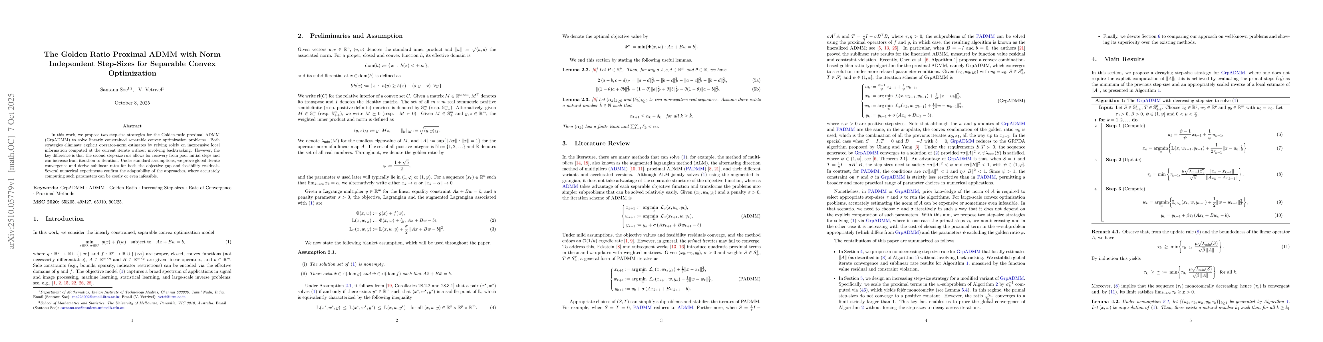 Thumbnail for The Golden Ratio Proximal ADMM with Norm Independent Step-Sizes for
  Separable Convex Optimization