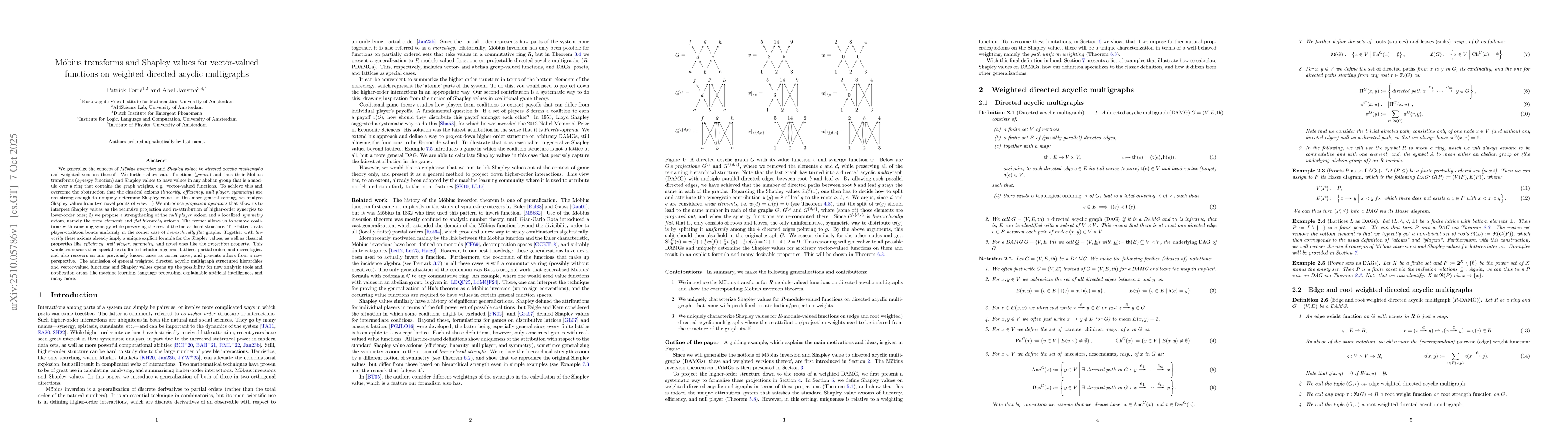Thumbnail for Möbius transforms and Shapley values for vector-valued functions on
  weighted directed acyclic multigraphs