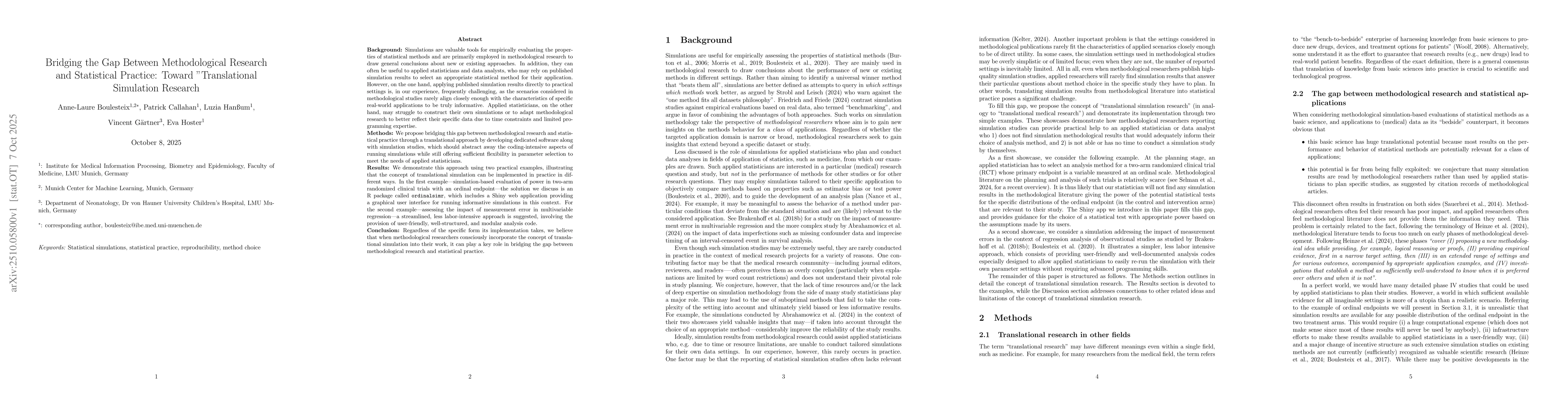 Thumbnail for Bridging the Gap Between Methodological Research and Statistical
  Practice: Toward "Translational Simulation Research