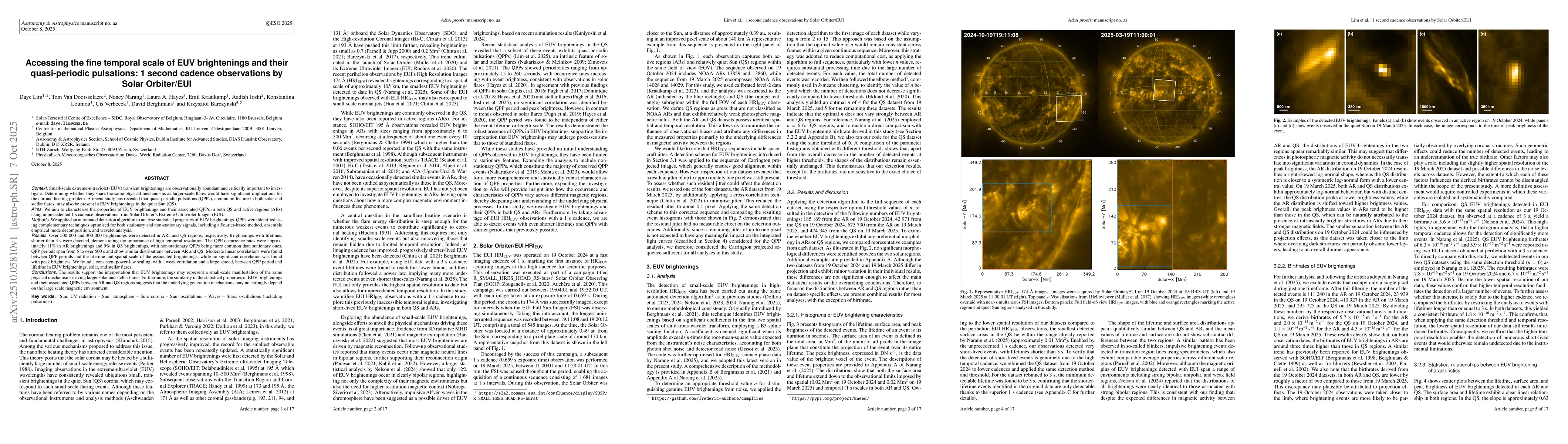 Thumbnail for Accessing the fine temporal scale of EUV brightenings and their
  quasi-periodic pulsations: 1 second cadence observations by Solar Orbiter/EUI