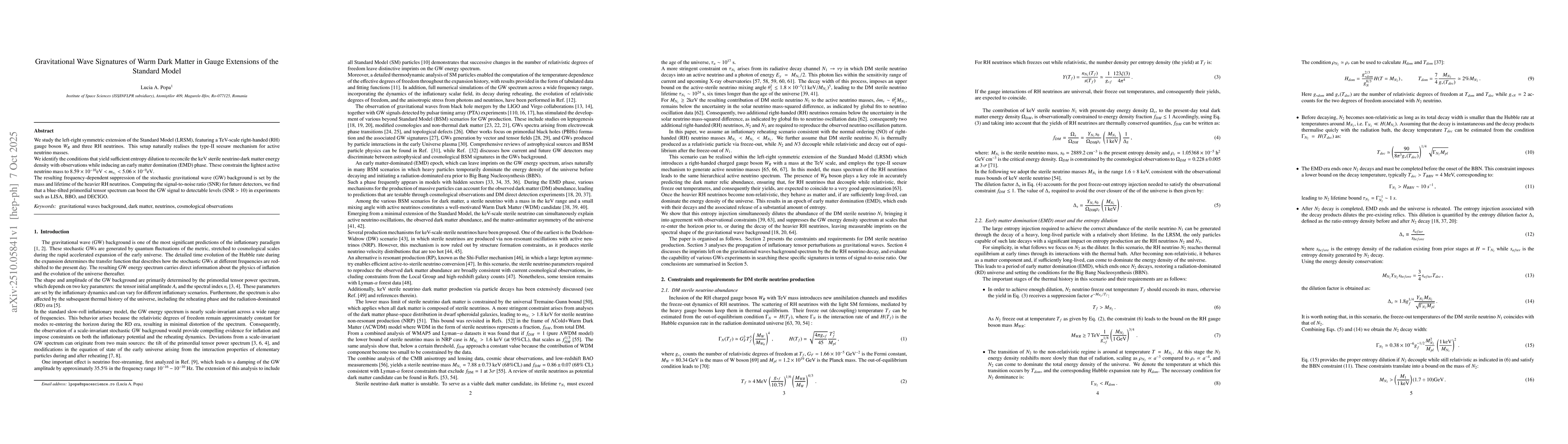 Thumbnail for Gravitational Wave Signatures of Warm Dark Matter in Gauge Extensions of
  the Standard Model