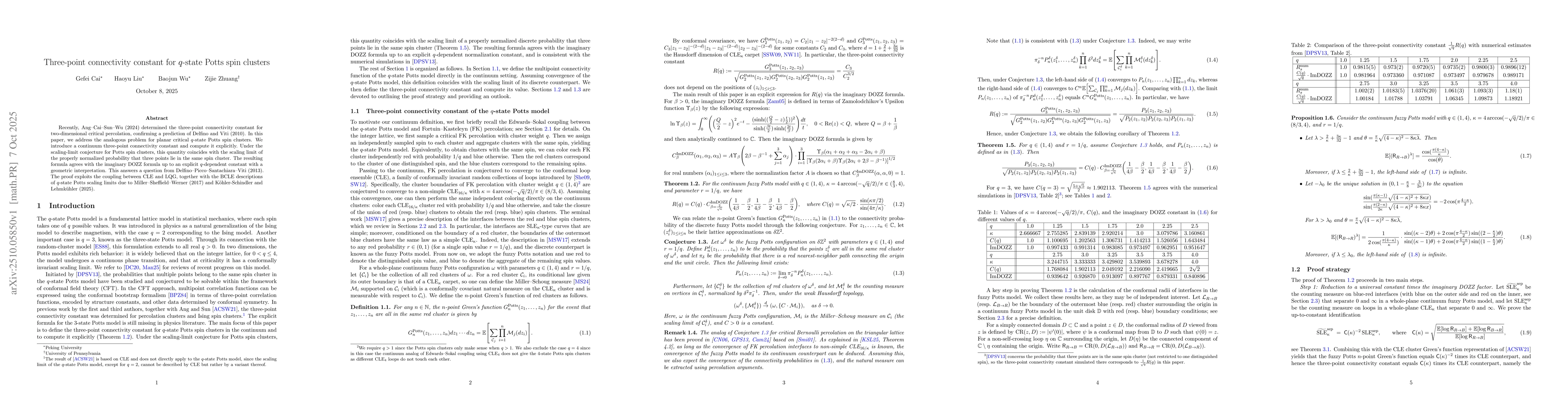 Thumbnail for Three-point connectivity constant for $q$-state Potts spin clusters