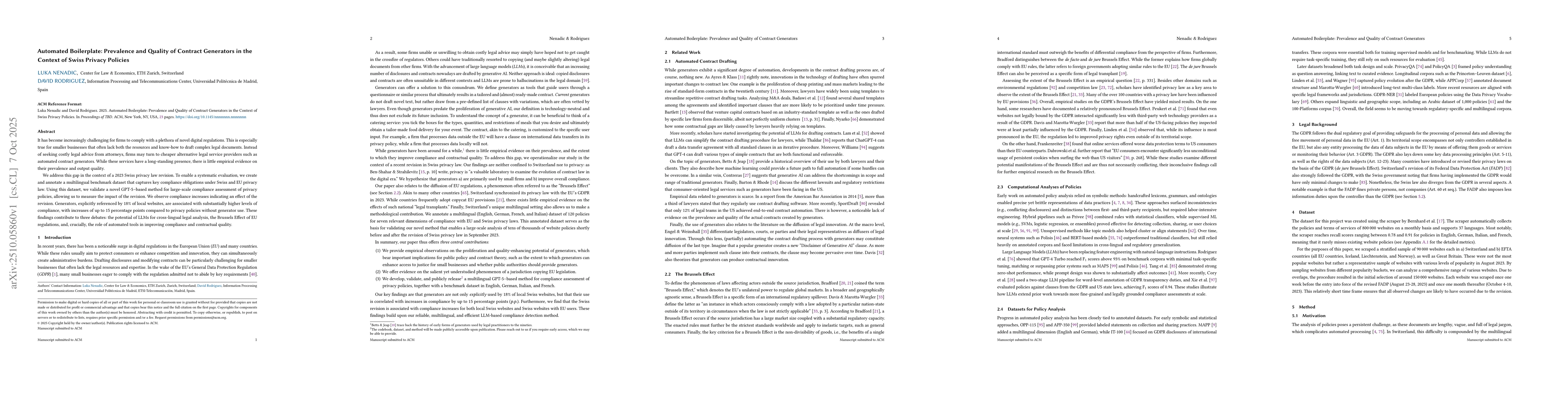 Thumbnail for Automated Boilerplate: Prevalence and Quality of Contract Generators in
  the Context of Swiss Privacy Policies