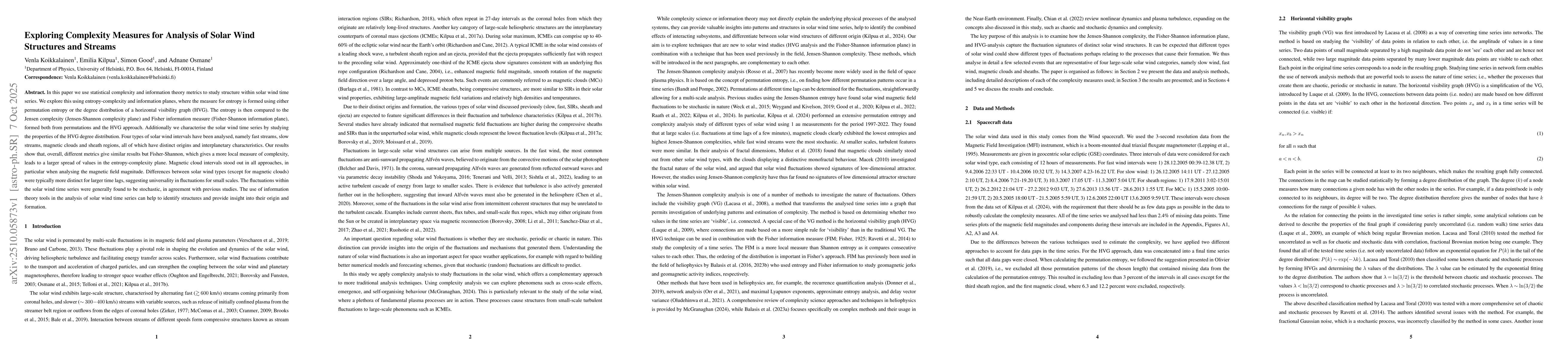 Thumbnail for Exploring Complexity Measures for Analysis of Solar Wind Structures and
  Streams