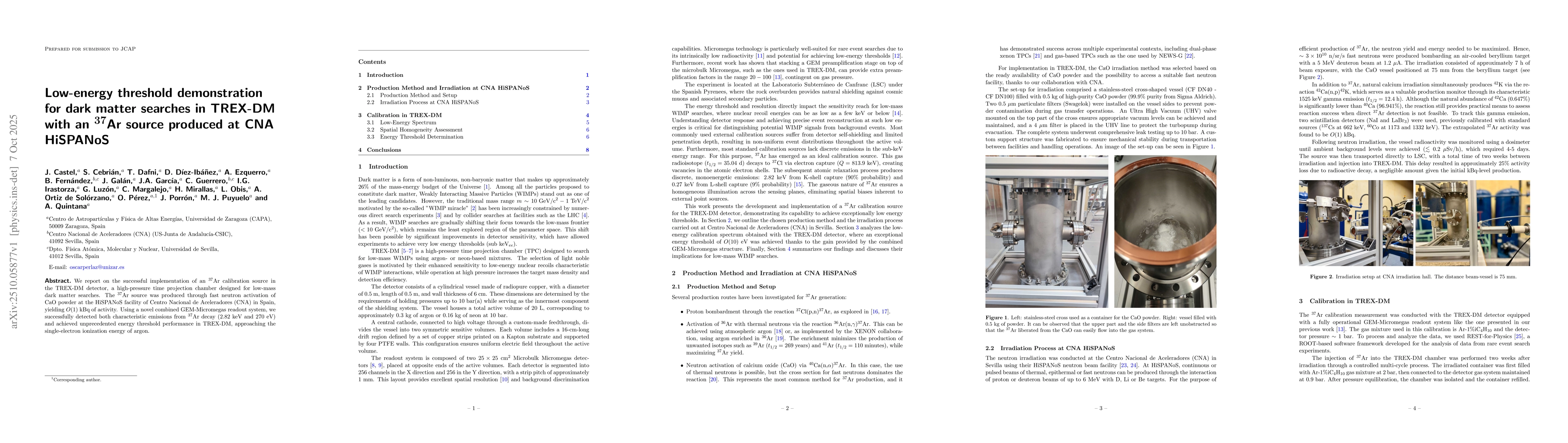 Thumbnail for Low-energy threshold demonstration for dark matter searches in TREX-DM
  with an $^{37}$Ar source produced at CNA HiSPANoS