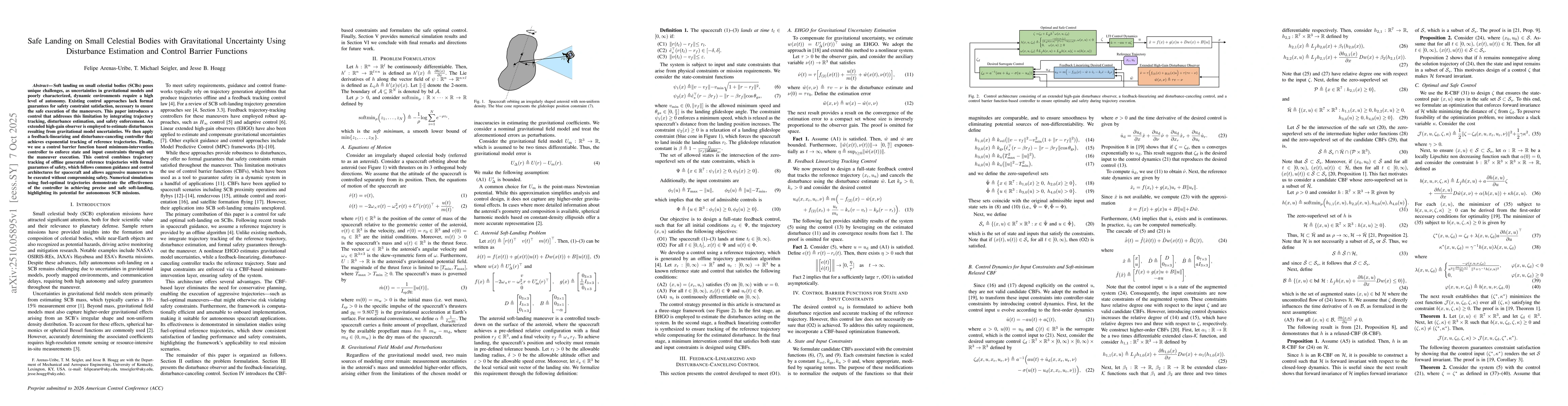 Thumbnail for Safe Landing on Small Celestial Bodies with Gravitational Uncertainty
  Using Disturbance Estimation and Control Barrier Functions